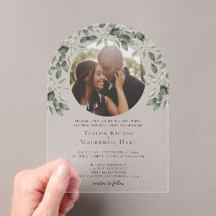 Foto Bruiloft Gepersonaliseerd Modern Leaf Lijst Acryl Uitnodigingen
