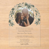 Foto Bruiloft Gepersonaliseerd Modern Leaf Lijst Acryl Uitnodigingen (Voorkant)