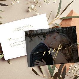 Foto bruiloft goud kalligrafie script modern RSVP kaartje
