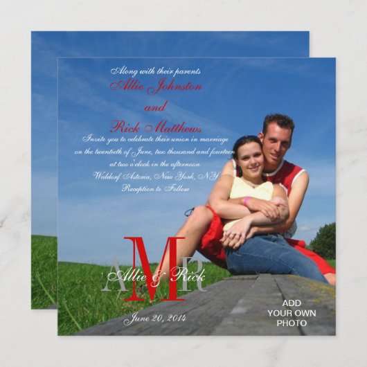 Foto bruiloft Invitaties Monogrammen Rood Wit Kaart (Voorkant / Achterkant)