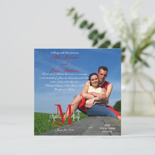 Foto bruiloft Invitaties Monogrammen Rood Wit Kaart (Staand voorkant)