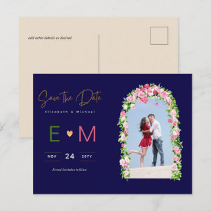 Foto bruiloft Save the Date Navy Pink Floral Briefkaart
