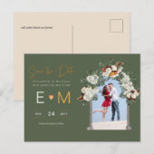 Foto Bruiloft Save the Date Olijfgroen Bloemmotief Briefkaart (Voorkant / Achterkant)