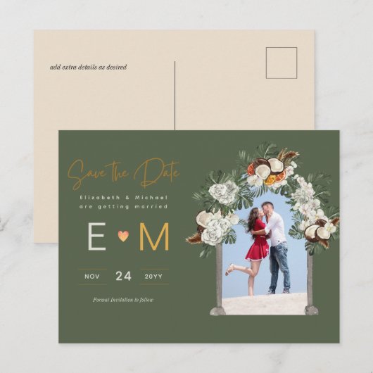 Foto Bruiloft Save the Date Olijfgroen Bloemmotief Briefkaart (Voorkant / Achterkant)