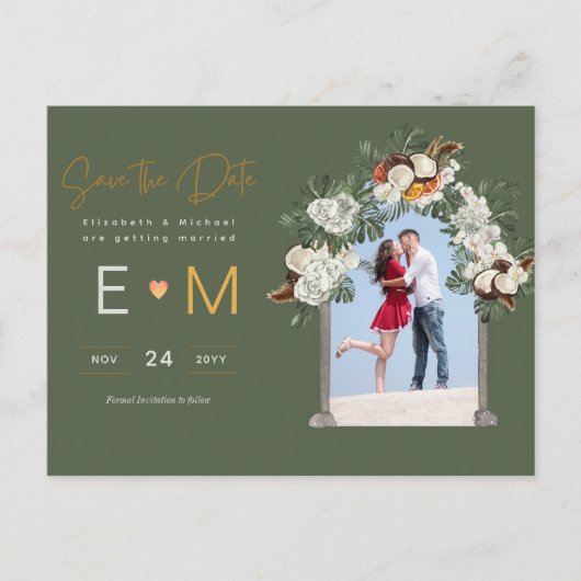 Foto Bruiloft Save the Date Olijfgroen Bloemmotief Briefkaart (Voorkant)