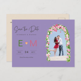 Foto Bruiloft Save the Date Roze Bloemrijke Postka Briefkaart