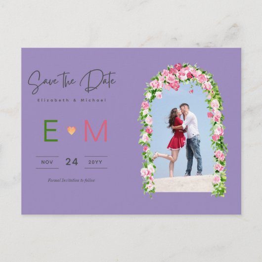 Foto Bruiloft Save the Date Roze Bloemrijke Postka Briefkaart (Voorkant)