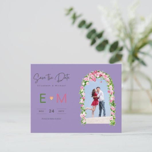 Foto Bruiloft Save the Date Roze Bloemrijke Postka Briefkaart (Staand voorkant)