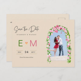 Foto Bruiloft Save the Date Roze Bloemrijke Postka Briefkaart