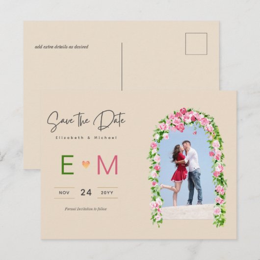 Foto Bruiloft Save the Date Roze Bloemrijke Postka Briefkaart (Voorkant / Achterkant)