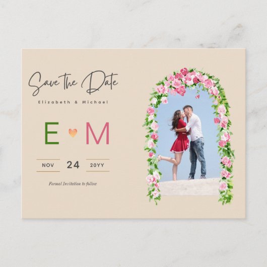 Foto Bruiloft Save the Date Roze Bloemrijke Postka Briefkaart (Voorkant)
