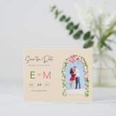 Foto Bruiloft Save the Date Roze Bloemrijke Postka Briefkaart (Staand voorkant)