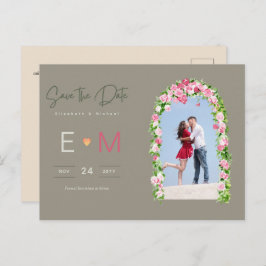 Foto Bruiloft Save the Date Roze Bloemrijke Postka Briefkaart
