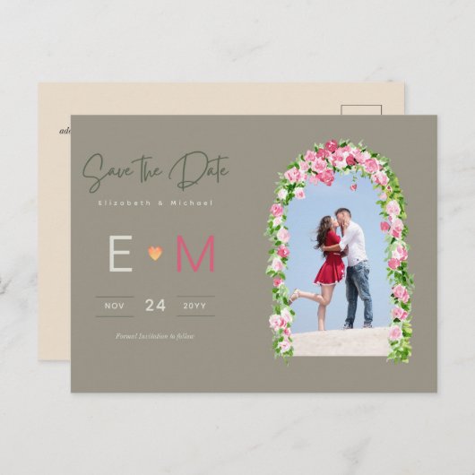 Foto Bruiloft Save the Date Roze Bloemrijke Postka Briefkaart (Voorkant / Achterkant)