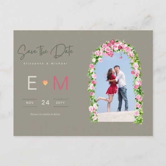 Foto Bruiloft Save the Date Roze Bloemrijke Postka Briefkaart (Voorkant)