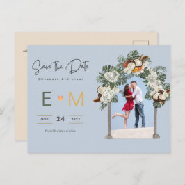 Foto Bruiloft Save the Date Stof Blauw Bloemmotief Briefkaart