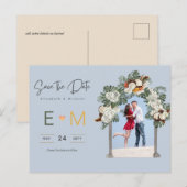 Foto Bruiloft Save the Date Stof Blauw Bloemmotief Briefkaart (Voorkant / Achterkant)