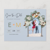 Foto Bruiloft Save the Date Stof Blauw Bloemmotief Briefkaart (Voorkant)
