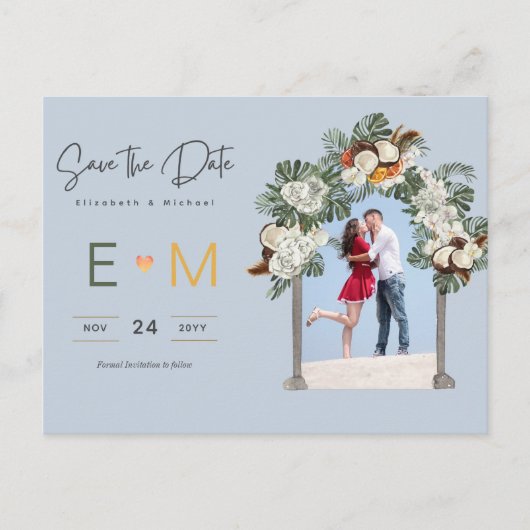 Foto Bruiloft Save the Date Stof Blauw Bloemmotief Briefkaart (Voorkant)