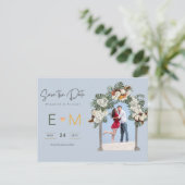 Foto Bruiloft Save the Date Stof Blauw Bloemmotief Briefkaart (Staand voorkant)