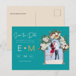 Foto Bruiloft Save the Date Turquoise Blauw Bloemm Briefkaart
