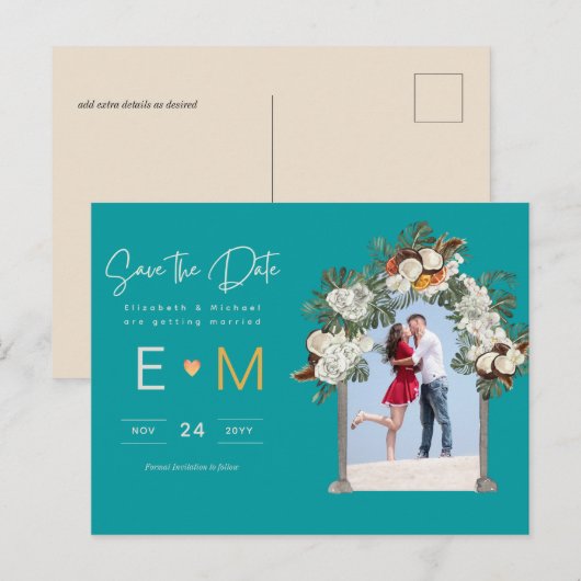 Foto Bruiloft Save the Date Turquoise Blauw Bloemm Briefkaart (Voorkant / Achterkant)