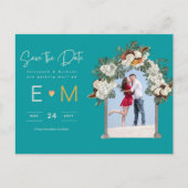 Foto Bruiloft Save the Date Turquoise Blauw Bloemm Briefkaart (Voorkant)
