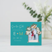 Foto Bruiloft Save the Date Turquoise Blauw Bloemm Briefkaart (Staand voorkant)