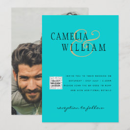 Foto bruiloft uitnodiging QRCode RSVP Blauwgroen b