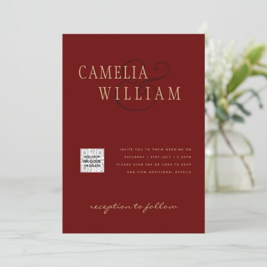 Foto bruiloft Uitnodiging QRCode RSVP Burgundy Red (Staand voorkant)