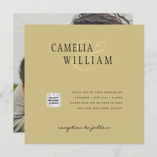 Foto bruiloft Uitnodiging QRCode RSVP Gold Yellow (Voorkant / Achterkant)