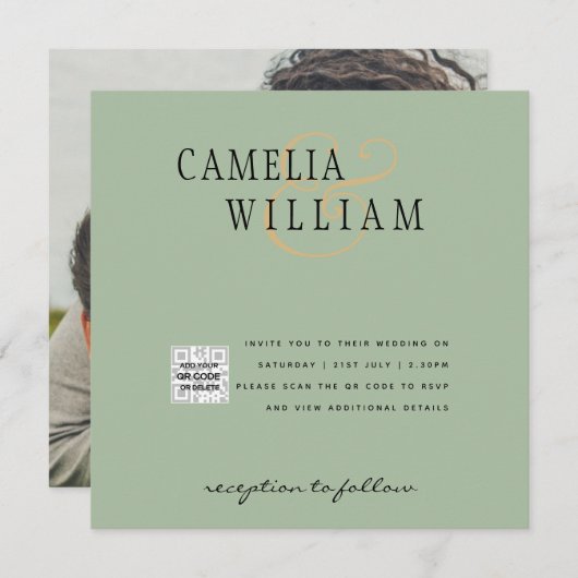 Foto bruiloft uitnodiging QRCode RSVP Sage Green (Voorkant / Achterkant)