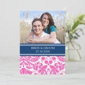 Foto bruiloft Uitnodigingen Blauwe Roze Damask (Staand voorkant)