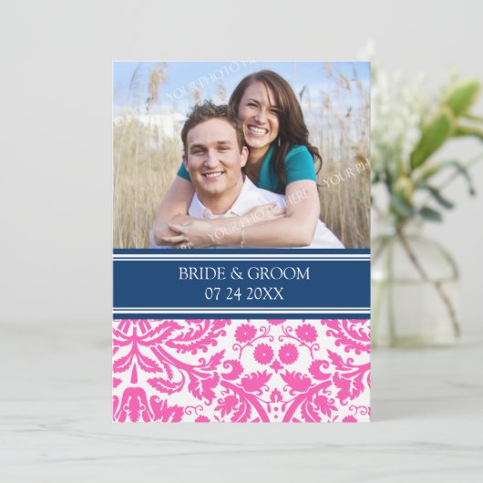 Foto bruiloft Uitnodigingen Blauwe Roze Damask (Staand voorkant)