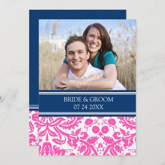 Foto bruiloft Uitnodigingen Blauwe Roze Damask (Voorkant / Achterkant)