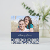 Foto-bruiloft-uitnodigingen Blue Cream Damask Kaart (Staand voorkant)