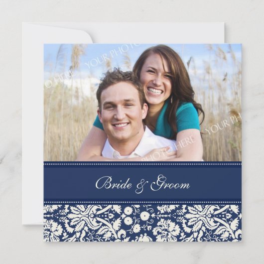 Foto-bruiloft-uitnodigingen Blue Cream Damask Kaart (Voorkant)