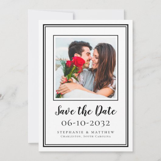 Foto Bruiloft Verloofde Koppel Modern Wit Zwart Save The Date (Voorkant)