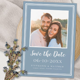 Foto Bruiloft Verloving Koppel Modern Stof Blauw Save The Date