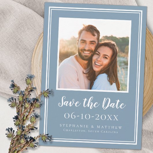 Foto Bruiloft Verloving Koppel Modern Stof Blauw Save The Date