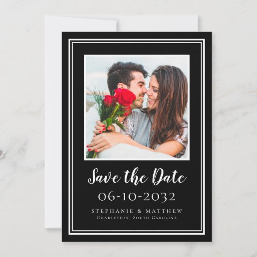 Foto Bruiloft Verloving Koppel Modern Zwart Wit Save The Date (Voorkant)