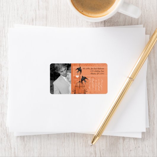 Foto bruiloft  vogelkooi Tangerine Damask Etiket (Insitu)