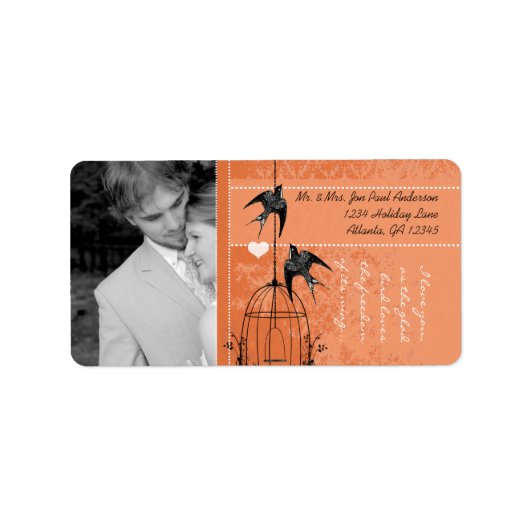 Foto bruiloft  vogelkooi Tangerine Damask Etiket (Voorkant)