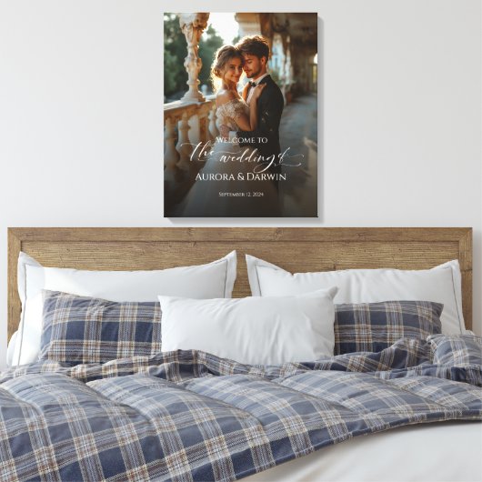 Foto bruiloft welkomstbord & elegante kalligrafie canvas afdruk (Insitu (Slaapkamer))
