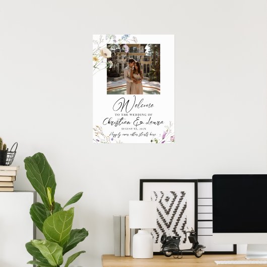 Foto bruiloft welkomstbord met wilde bloemen poster (Thuiskantoor)