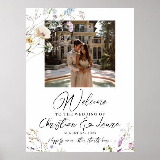Foto bruiloft welkomstbord met wilde bloemen poster (Voorkant)
