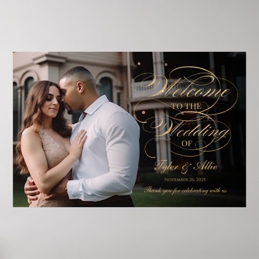 Foto bruiloft welkomstteken elegant gouden script poster (Voorkant)