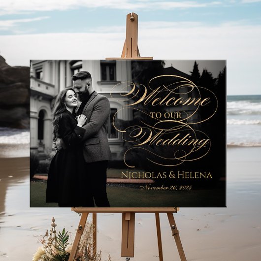 Foto bruiloft welkomstteken elegant gouden script poster