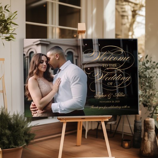 Foto bruiloft welkomstteken elegant gouden script poster