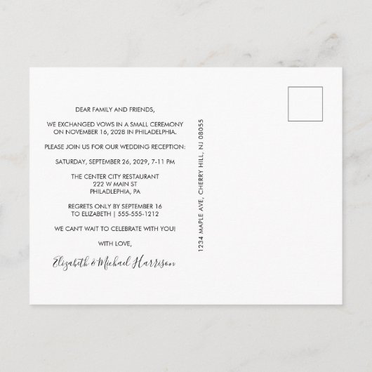 Foto bruiloftsreceptie 'Gelukkig tot het einde der Uitnodiging Briefkaart (Achterkant)